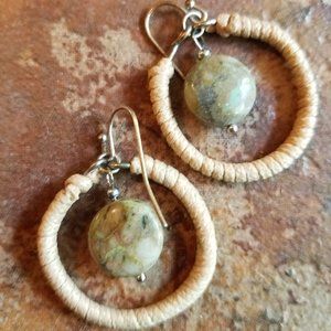 Cost Plus World Market green stone leather wrapped hoop earrings